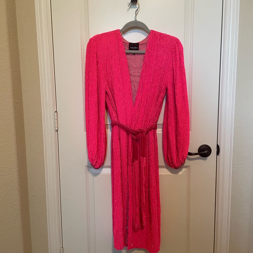 Retrofet Audrey Robe Midi Hot Pink Dress, Size Small, Sequin Dress